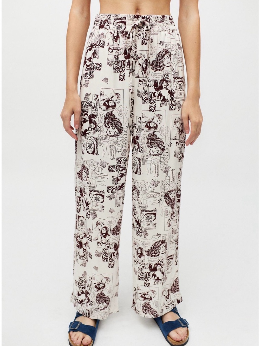 Urban Outfitters Cream Wide-Leg Printed Drawstring Pants
